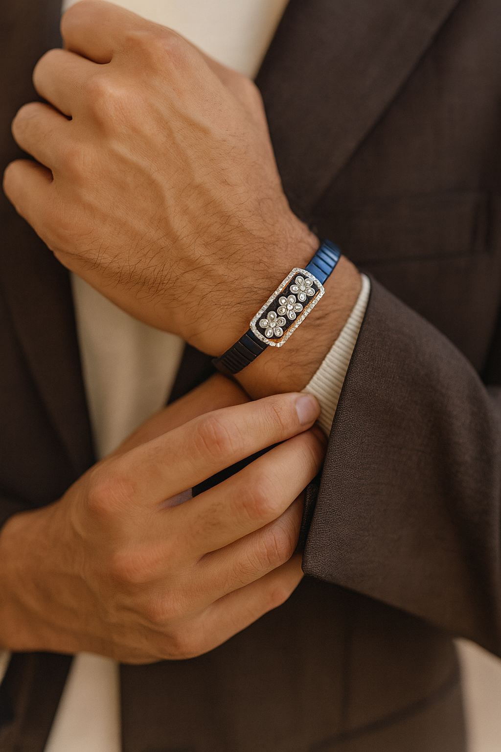 Luxury Floral Gents Bracelet Black & Rose Gold with Diamond Look Flower Panel