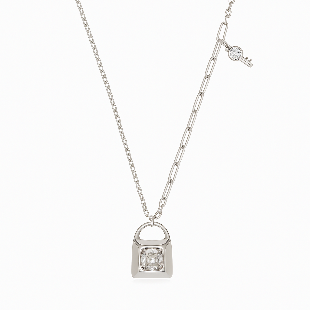 Minimal Lock Pendant Necklace with CZ Stone in White Gold Finish