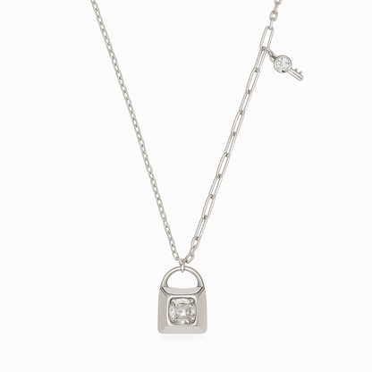 Minimal Lock Pendant Necklace with CZ Stone in White Gold Finish