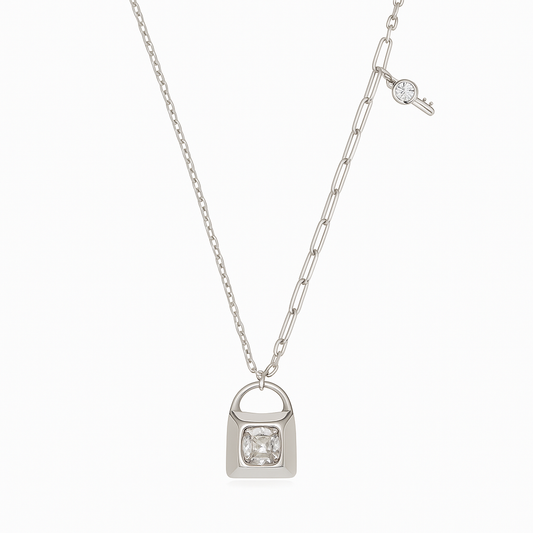 Minimal Lock Pendant Necklace with CZ Stone in White Gold Finish