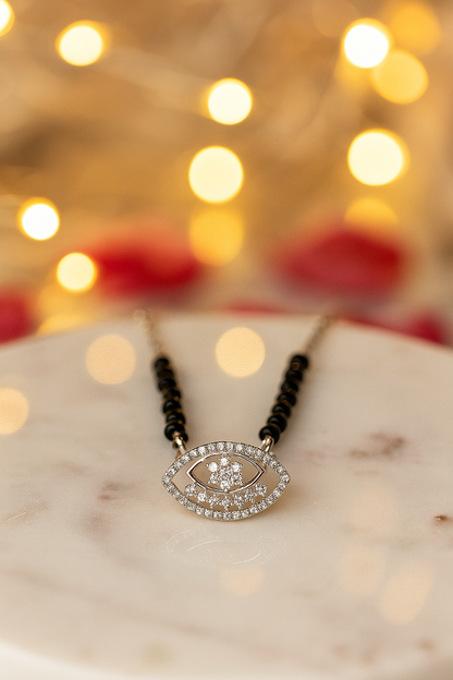 Silver Tone Evil Eye CZ Pendant Necklace with Black Beads for Women