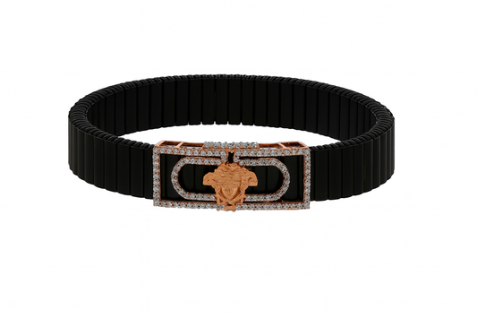 Premium Versace Style Men’s Bracelet Black Ceramic Stretch Band with Rose Gold CZ Plate