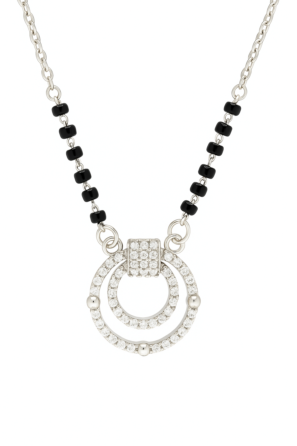 Silver Tone CZ Circle Pendant Necklace with Black Beads for Women
