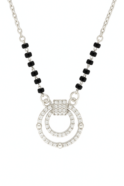 Silver Tone CZ Circle Pendant Necklace with Black Beads for Women