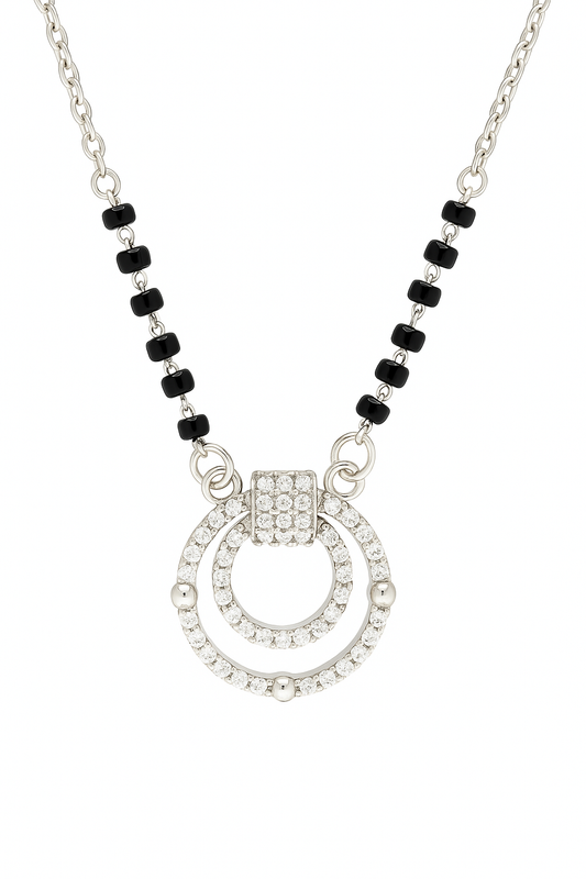 Silver Tone CZ Circle Pendant Necklace with Black Beads for Women