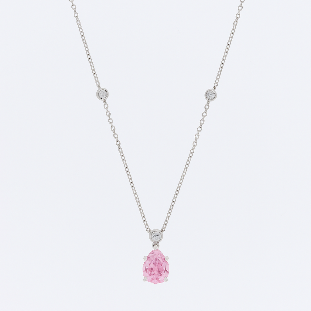 Pink Teardrop Pendant Necklace White Gold Finish with CZ Accents