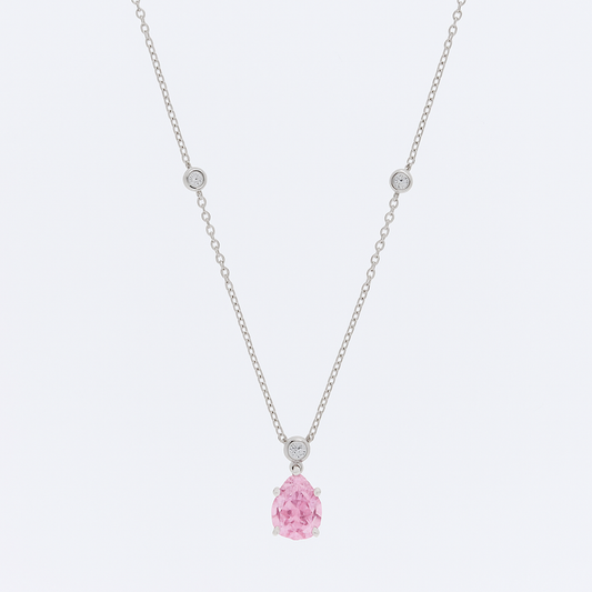 Pink Teardrop Pendant Necklace White Gold Finish with CZ Accents