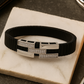 Premium Men’s Bracelet Black Ceramic Stretch Band with Silver ZigZag CZ Designer Plate