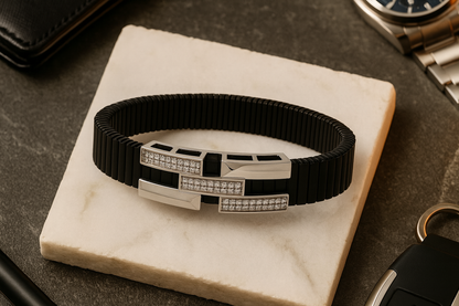 Premium Men’s Bracelet Black Ceramic Stretch Band with Silver ZigZag CZ Designer Plate