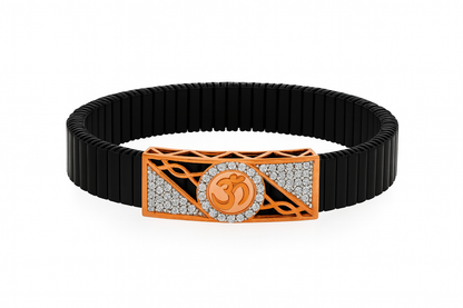 Premium Geometric Men’s Bracelet Black Ceramic Stretch Band with Rose Gold CZ Designer Plate