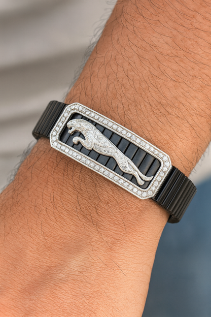 Premium Jaguar Logo Men’s Bracelet Black Ceramic Stretch Band with Silver CZ Plate
