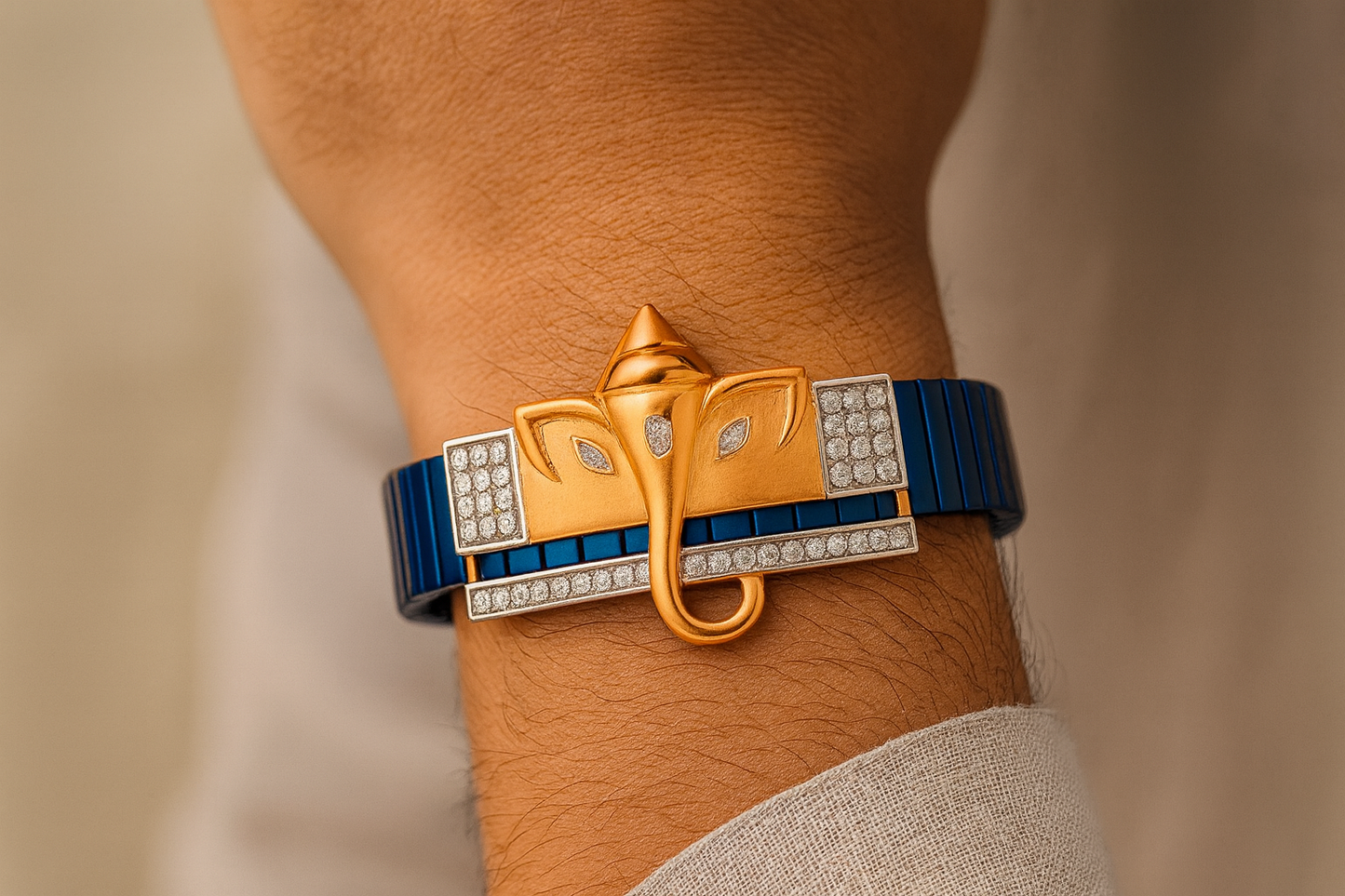 Premium Ganesh Designer Men’s Bracelet Rose-Gold Ceramic Stretch Band with CZ Embellished Detailing