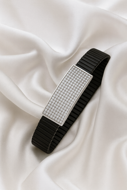 Premium Men’s Silver CZ Plate Bracelet Black Ceramic Stretch Band Luxury Designer Style