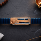 Premium Ganesha Men’s Bracelet Blue Ceramic Stretch Band with Rose-Gold CZ Devotional Plate
