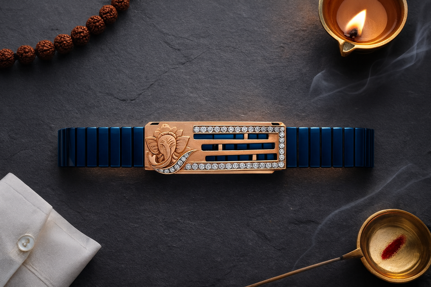 Premium Ganesha Men’s Bracelet Blue Ceramic Stretch Band with Rose-Gold CZ Devotional Plate