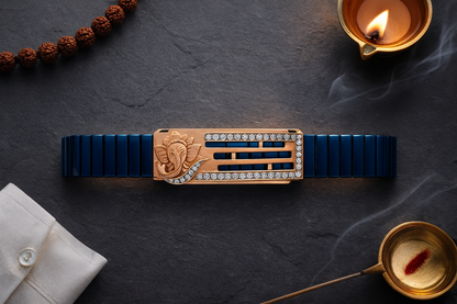 Premium Ganesha Men’s Bracelet Blue Ceramic Stretch Band with Rose-Gold CZ Devotional Plate