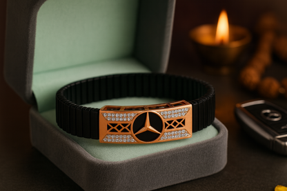 Mercedes Logo Men’s Bracelet Black Ceramic Stretch Band with Rose Gold CZ Designer Plate