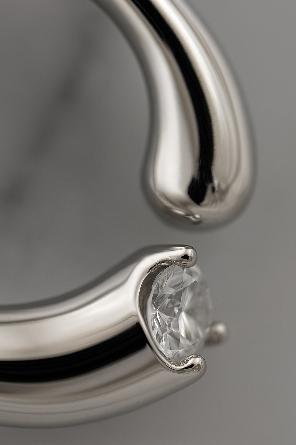 Minimal C-Shape Pendant Necklace White Gold Finish with Single CZ Stone