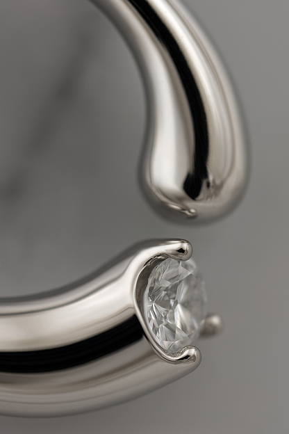 Minimal C-Shape Pendant Necklace White Gold Finish with Single CZ Stone