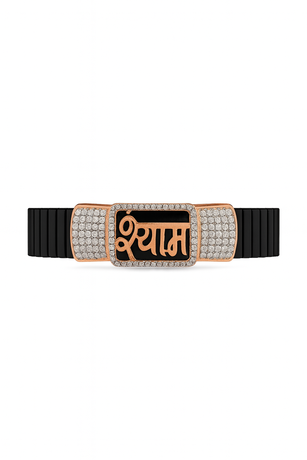 Premium Shyam Name Men’s Bracelet Black Ceramic Stretch Band with Rose Gold CZ Plate