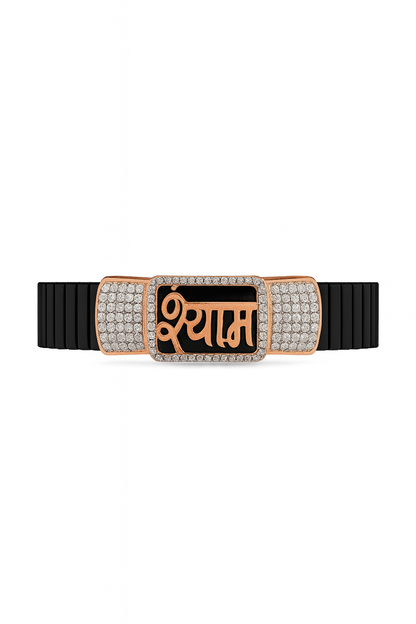 Premium Shyam Name Men’s Bracelet Black Ceramic Stretch Band with Rose Gold CZ Plate