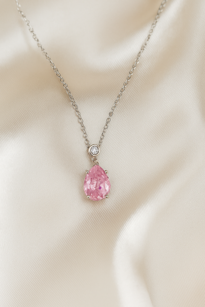 Pink Teardrop Pendant Necklace White Gold Finish with CZ Accents