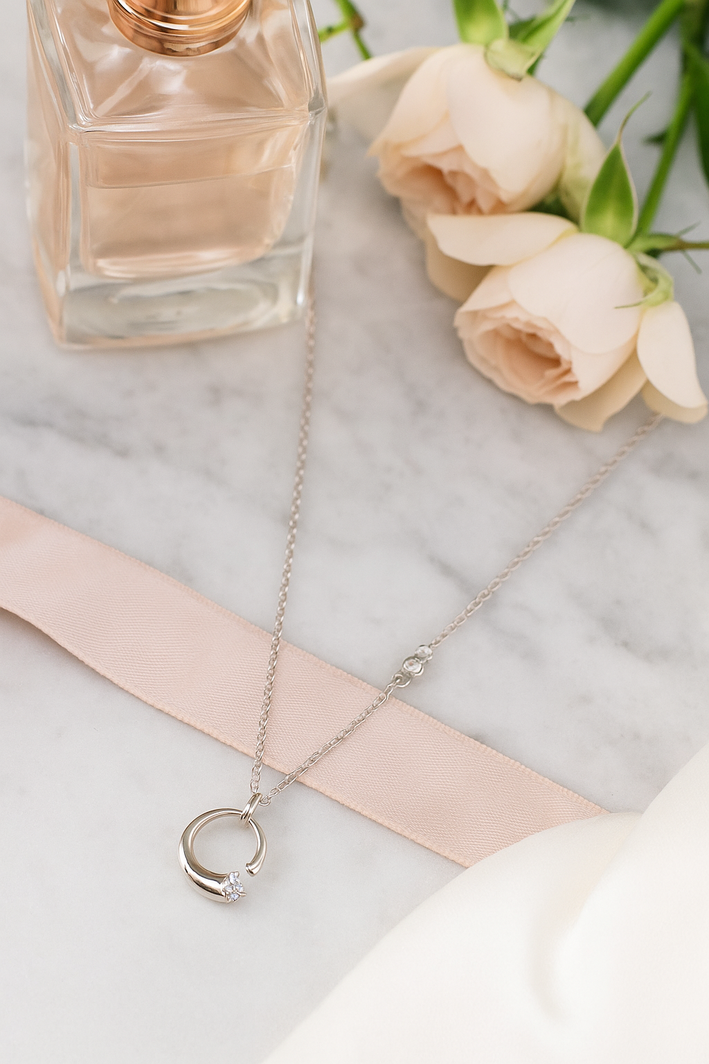 Minimal C-Shape Pendant Necklace White Gold Finish with Single CZ Stone