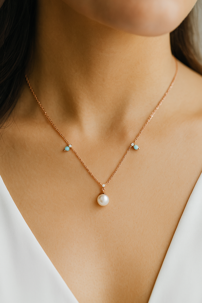 Rose Gold Pearl Pendant Necklace with Blue Beads for Women