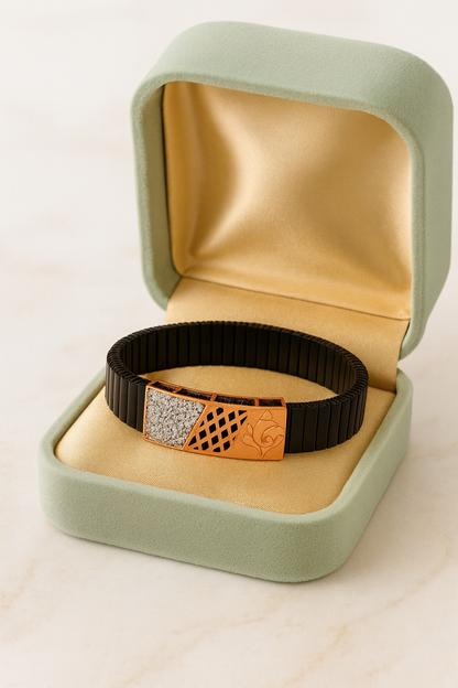 Premium Men’s Designer Bracelet Black Ceramic Stretch Band with Silver CZ Engraved Plate