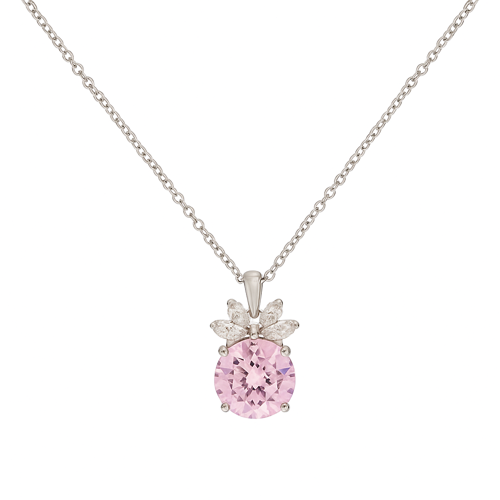 Pink Floral CZ Pendant Necklace in White Gold Finish