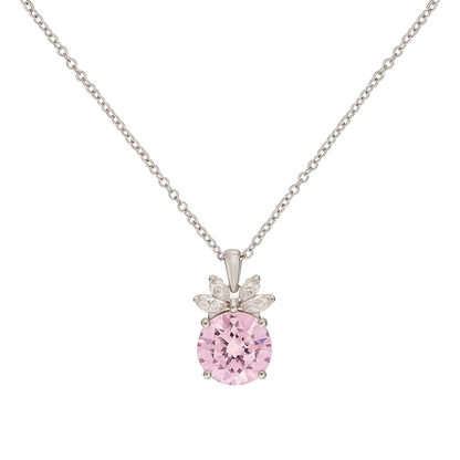 Pink Floral CZ Pendant Necklace in White Gold Finish