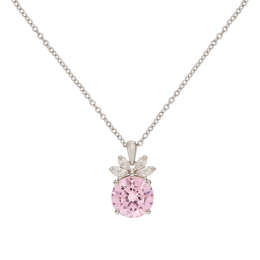 Pink Floral CZ Pendant Necklace in White Gold Finish