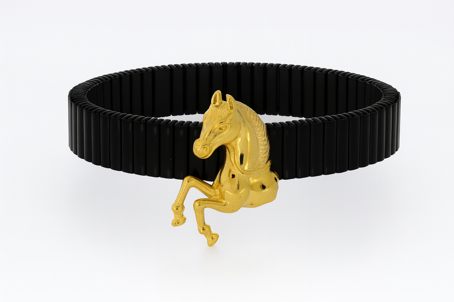 Premium Horse Design Men’s Bracelet Black Ceramic Stretch Band with Gold 3D Running Horse