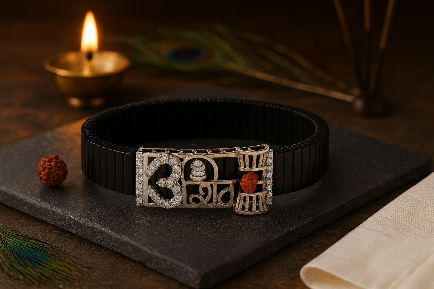 Shiva Trishul Damru Rudraksha Men’s Bracelet Rose-Gold Ceramic Stretch Band with CZ Devotional Detailing