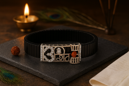 Shiva Trishul Damru Rudraksha Men’s Bracelet Rose-Gold Ceramic Stretch Band with CZ Devotional Detailing