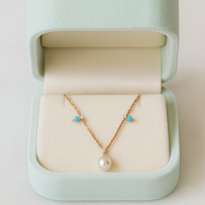 Rose Gold Pearl Pendant Necklace with Blue Beads for Women