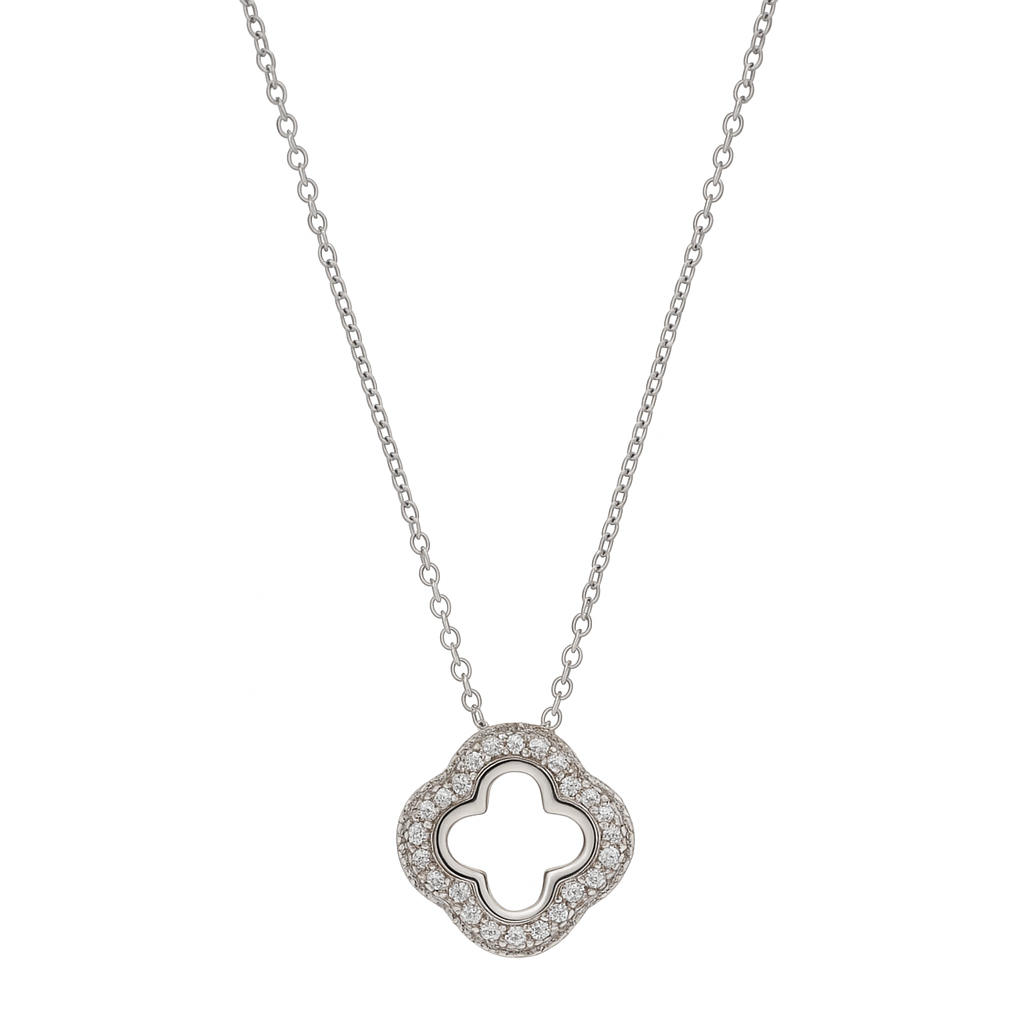 Silver Clover Shape Diamond-Studded Pendant Necklace for Women