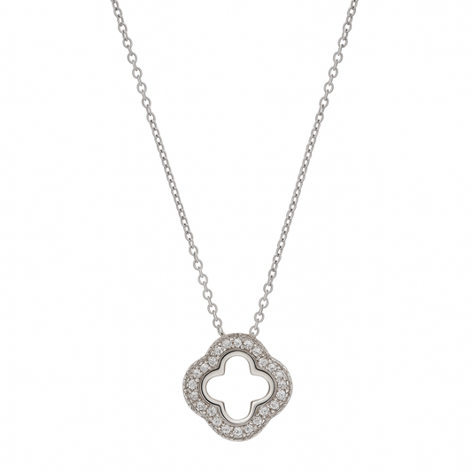 Silver Clover Shape Diamond-Studded Pendant Necklace for Women