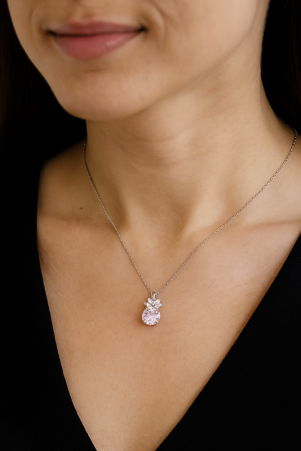 Pink Floral CZ Pendant Necklace in White Gold Finish