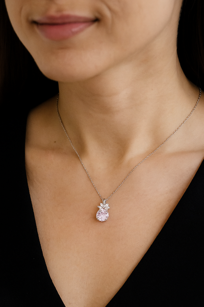 Pink Floral CZ Pendant Necklace in White Gold Finish