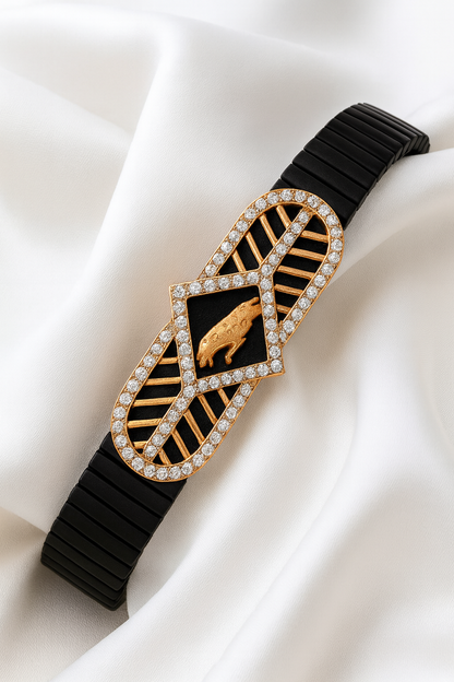 Jaguar Logo Men’s Bracelet Black Ceramic Stretch Band with Rose Gold CZ Designer Plate