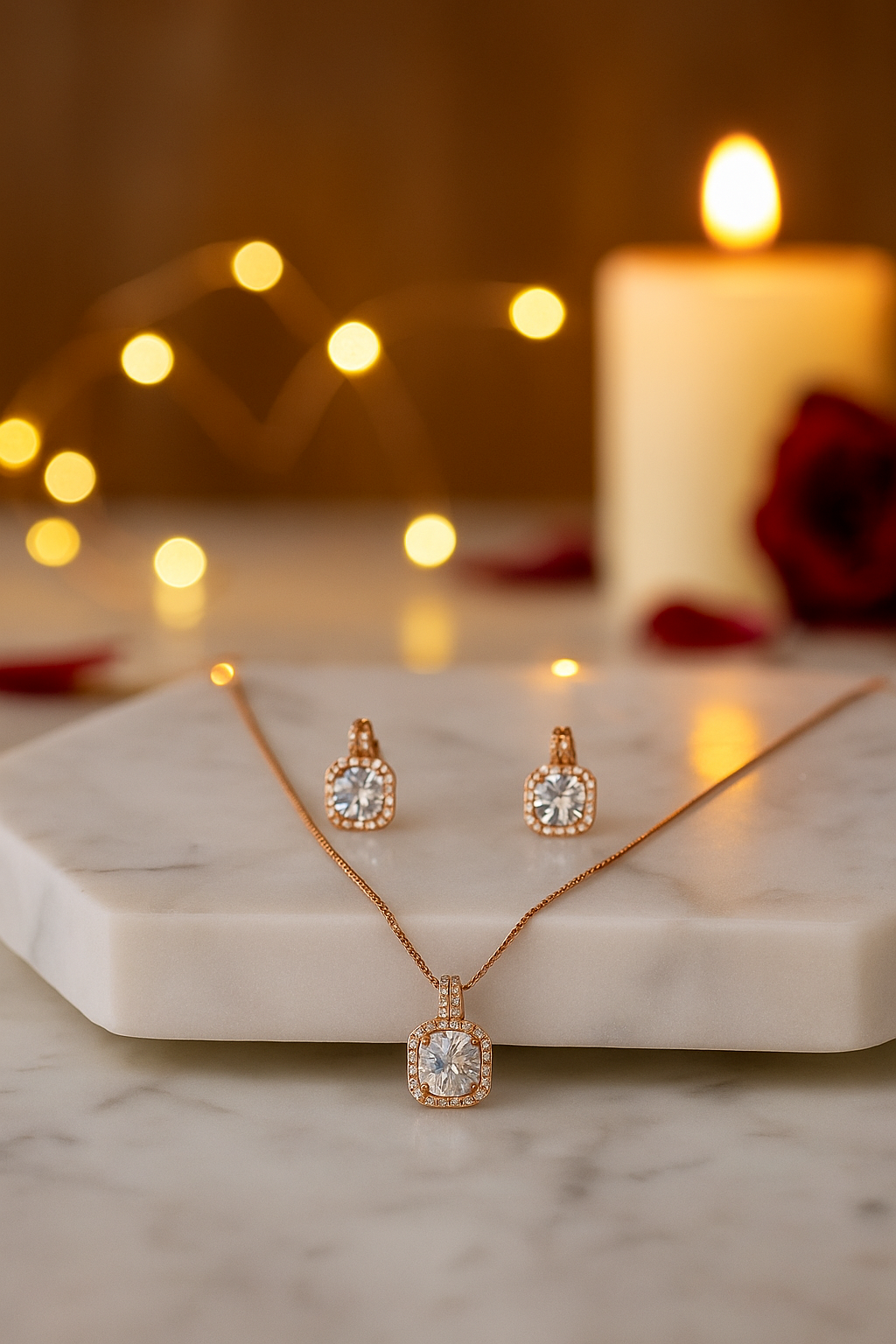 Rose-Gold Emerald Cut Pendant & Earrings Set for Women