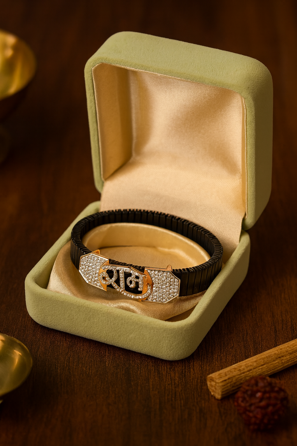 Premium Shubh Men’s Bracelet Black Ceramic Stretch Band with Rose Gold CZ Plate