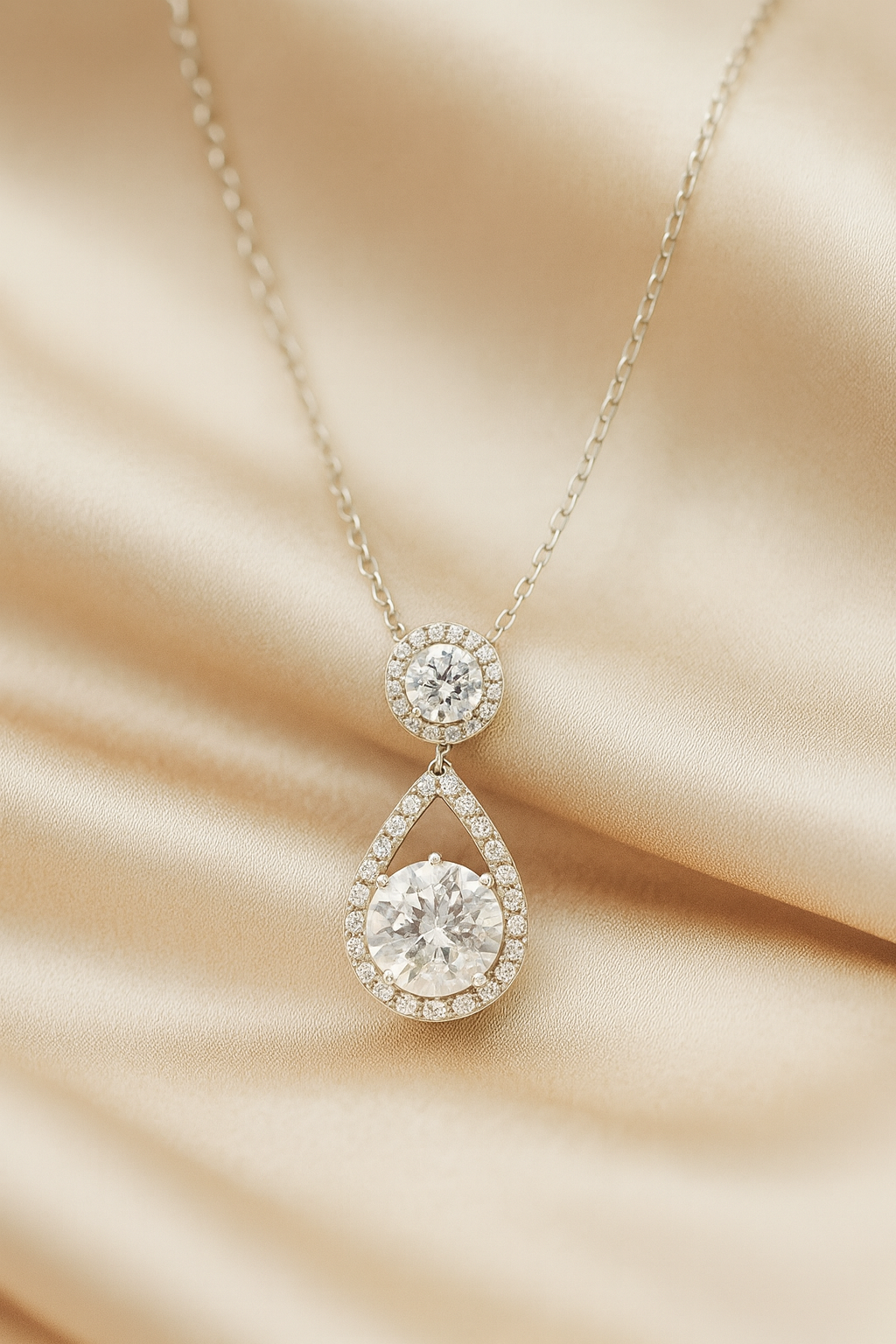 Teardrop Double Zircon Pendant Necklace for Women 925 Silver Finish Elegant Party and Wedding Wear Chain