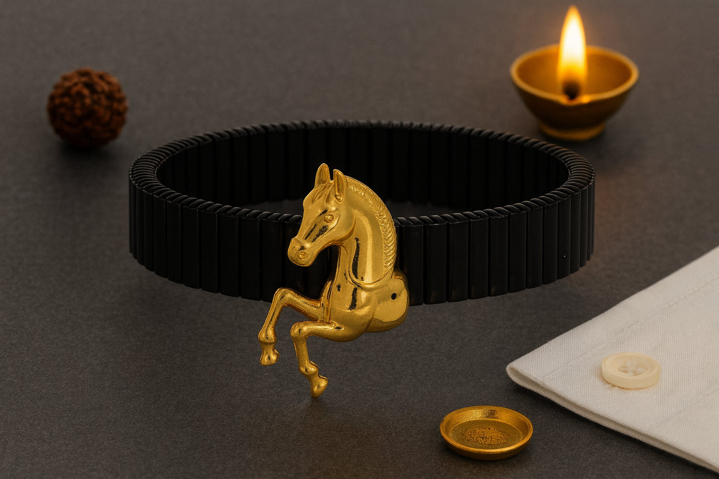 Premium Horse Design Men’s Bracelet Black Ceramic Stretch Band with Gold 3D Running Horse