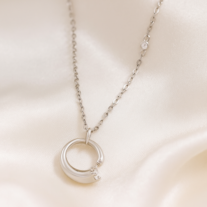 Minimal C-Shape Pendant Necklace White Gold Finish with Single CZ Stone