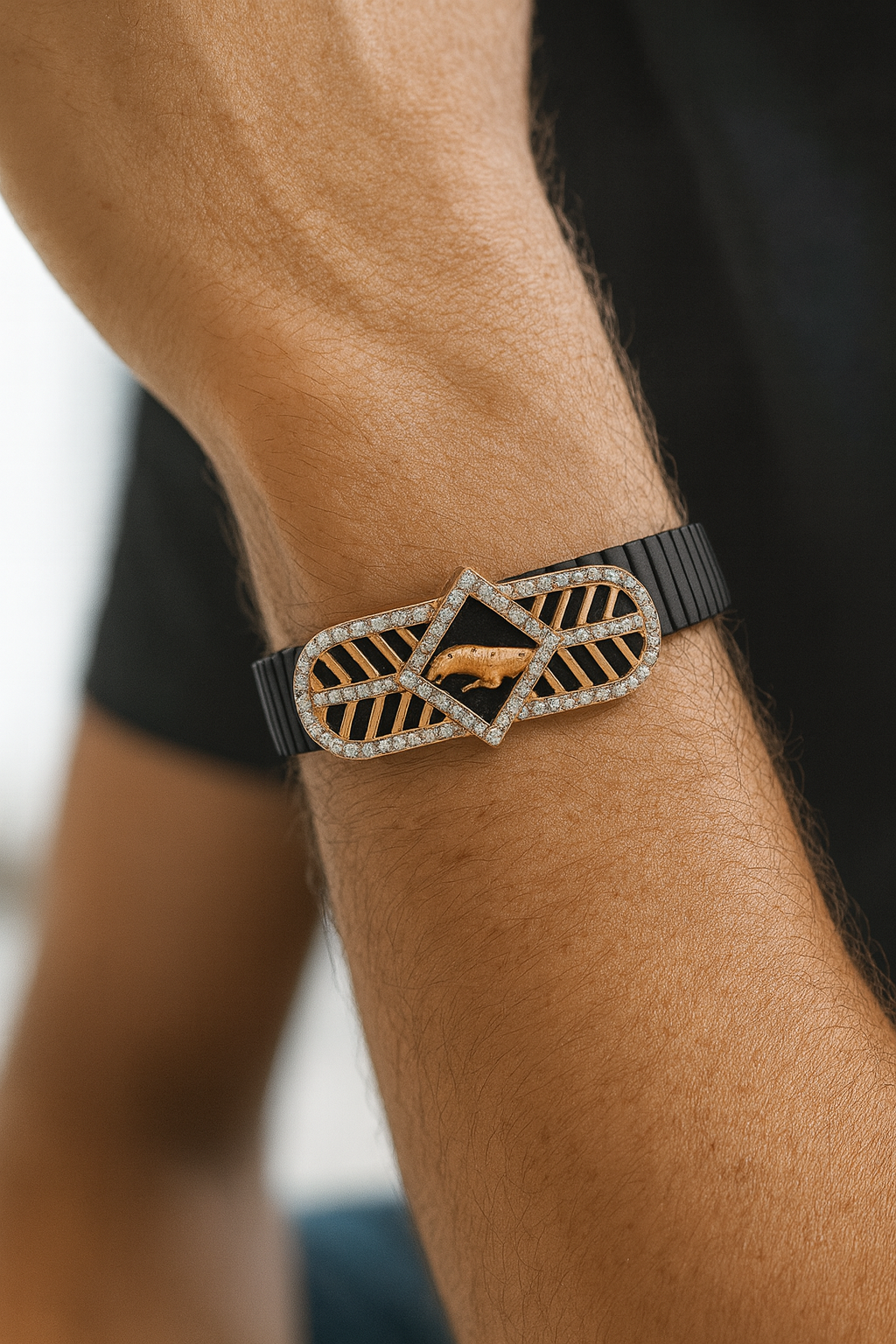 Jaguar Logo Men’s Bracelet Black Ceramic Stretch Band with Rose Gold CZ Designer Plate