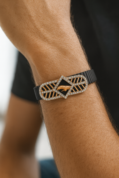 Jaguar Logo Men’s Bracelet Black Ceramic Stretch Band with Rose Gold CZ Designer Plate