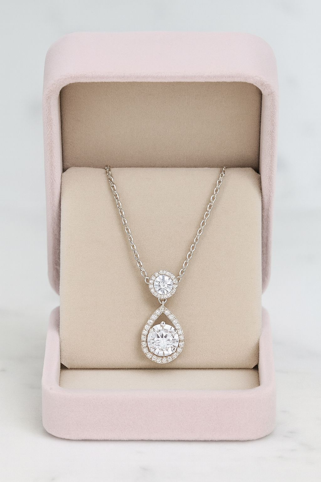 Teardrop Double Zircon Pendant Necklace for Women 925 Silver Finish Elegant Party and Wedding Wear Chain