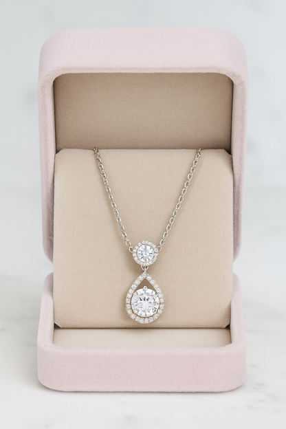 Teardrop Double Zircon Pendant Necklace for Women 925 Silver Finish Elegant Party and Wedding Wear Chain